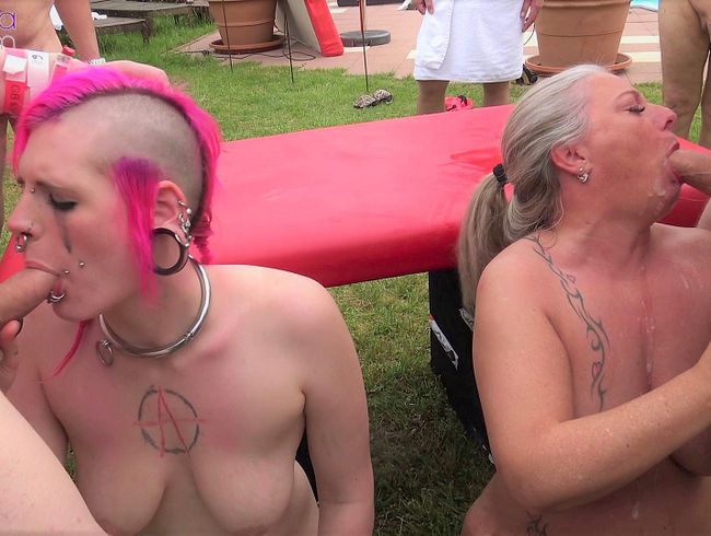 Perverser Spermatausch bei Outdoor Abspritz und BlowJob Orgie